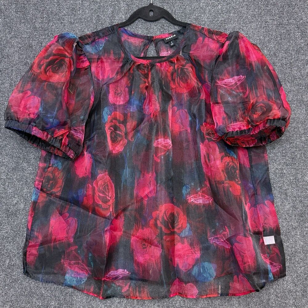 Torrid Puff Sleeve Floral Blouse Rose Chiffon Sheer Dark Fairy Whimsy Plus 2